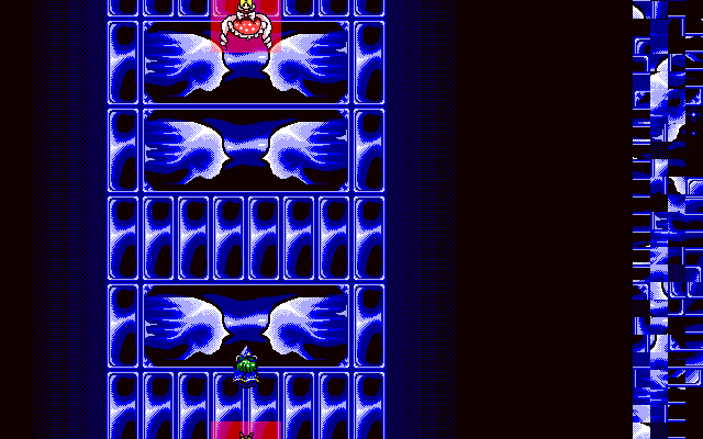 VRAM contents of the first possible frame that TH05's Stage 5 midboss can appear on, at their original scrolling position. Also featuring the 64×64 bounding box of the midboss sprite.