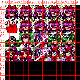 TH02's MIKO_K.PTN with the 16×16 tile grid overlaid