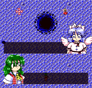 TH05's dialog before the Louise fight without deallocating the stage sprites inside the script, causing Mai and Yuki to be turned into a windmill and fairy/demon enemy, respectively