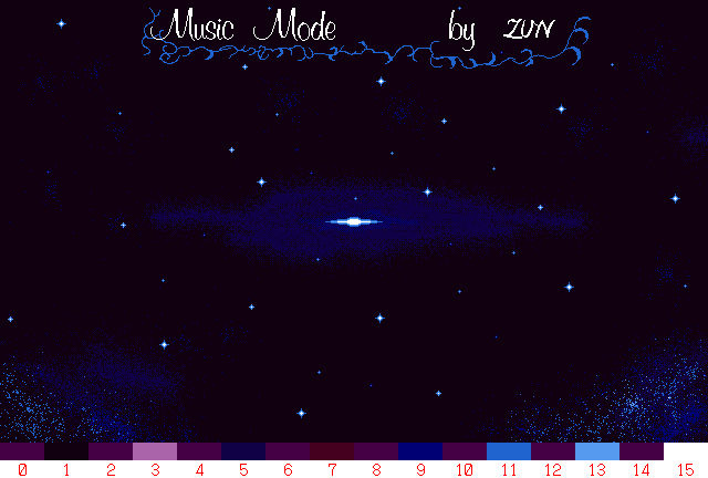TH02's Music Room background, with all bits in the first bitplane set to reveal the spacey background image, and the full color palette at the bottom