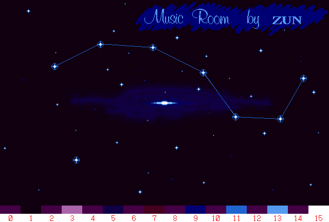 TH03's Music Room background, with all bits in the first bitplane set to reveal the spacey background image, and the full color palette at the bottom