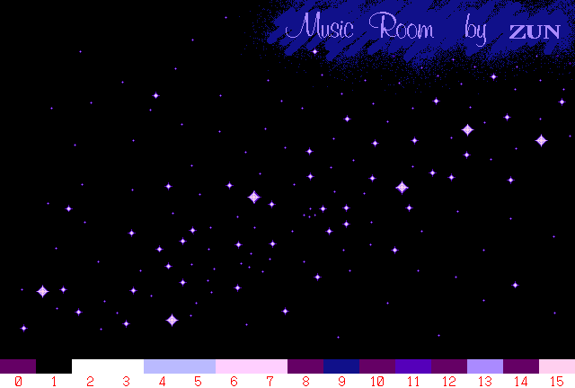 TH04's Music Room background, with all bits in the first bitplane set to reveal the spacey background image, and the full color palette at the bottom