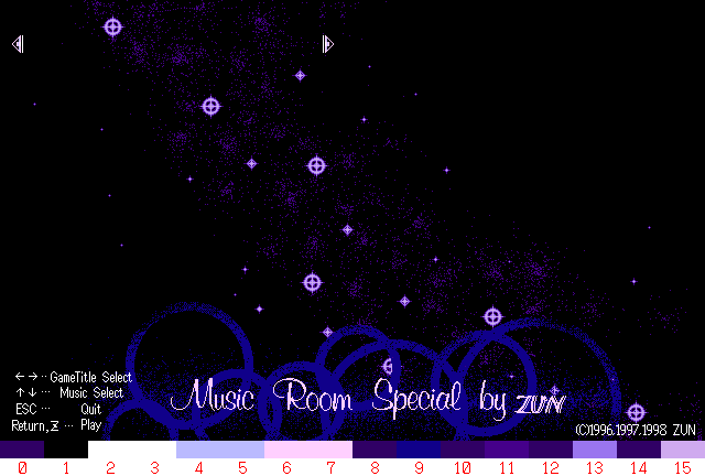 TH05's Music Room background, with all bits in the first bitplane set to reveal the spacey background image, and the full color palette at the bottom