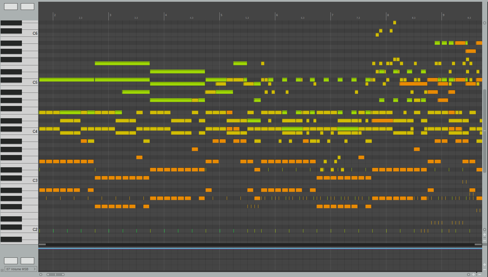 Screenshot of the first 8 measures of Shuusou Gyoku's Stage 1 theme (フォルスストロベリー) in its OST version, as visualized by REAPER's piano roll
