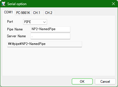 Screenshot of Neko Project 21/W's Serial option menu, with COM1 being configured to send over a named pipe